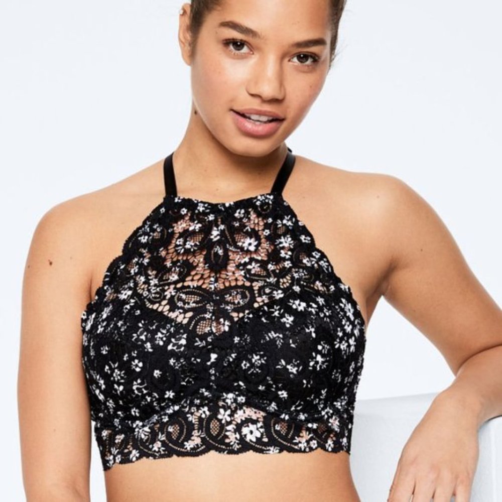 PINK Floral Lace High Neck Push Up Black Bralette Size XS